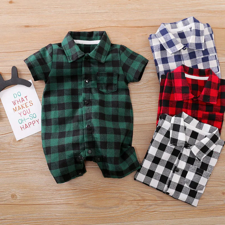 2023 Summer New Casual Baby Boy Romper Short Sleeve Soft Cotton Turn-down Collar Plaid Jumpsuits Toddler Costume For 6-12m