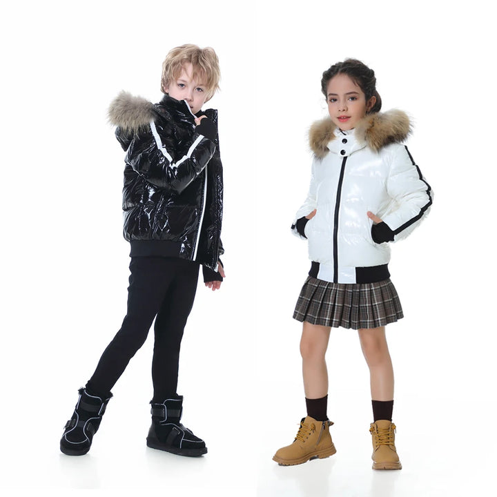 Fashion down jacket for boys girls 1-16Y , filling duck down coats nature fur glossy wind-resistant and water-repellent