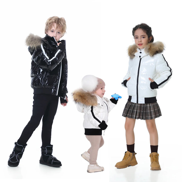 Fashion down jacket for boys girls 1-16Y , filling duck down coats nature fur glossy wind-resistant and water-repellent