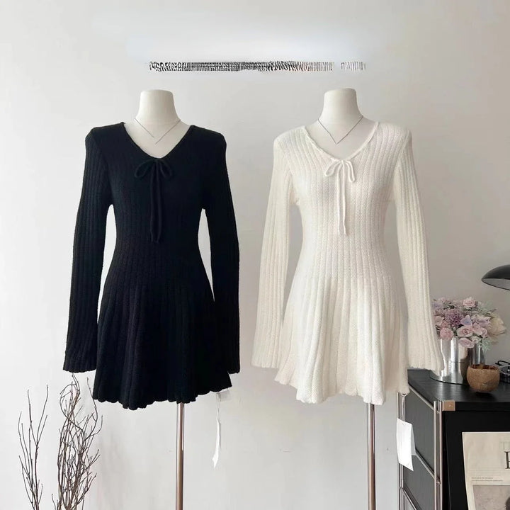 Sweet Knitted Sweater Dress Women Casual Long Sleeve Elegant French Y2k Mini Dress Even Party 2024 Autumn Korean Fashion Chic